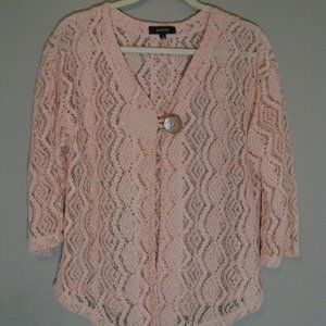KAKTUS Cardigan SWEATER Coral Open Weave Crochet Lace One Button 3/4 Sleeve SZ S